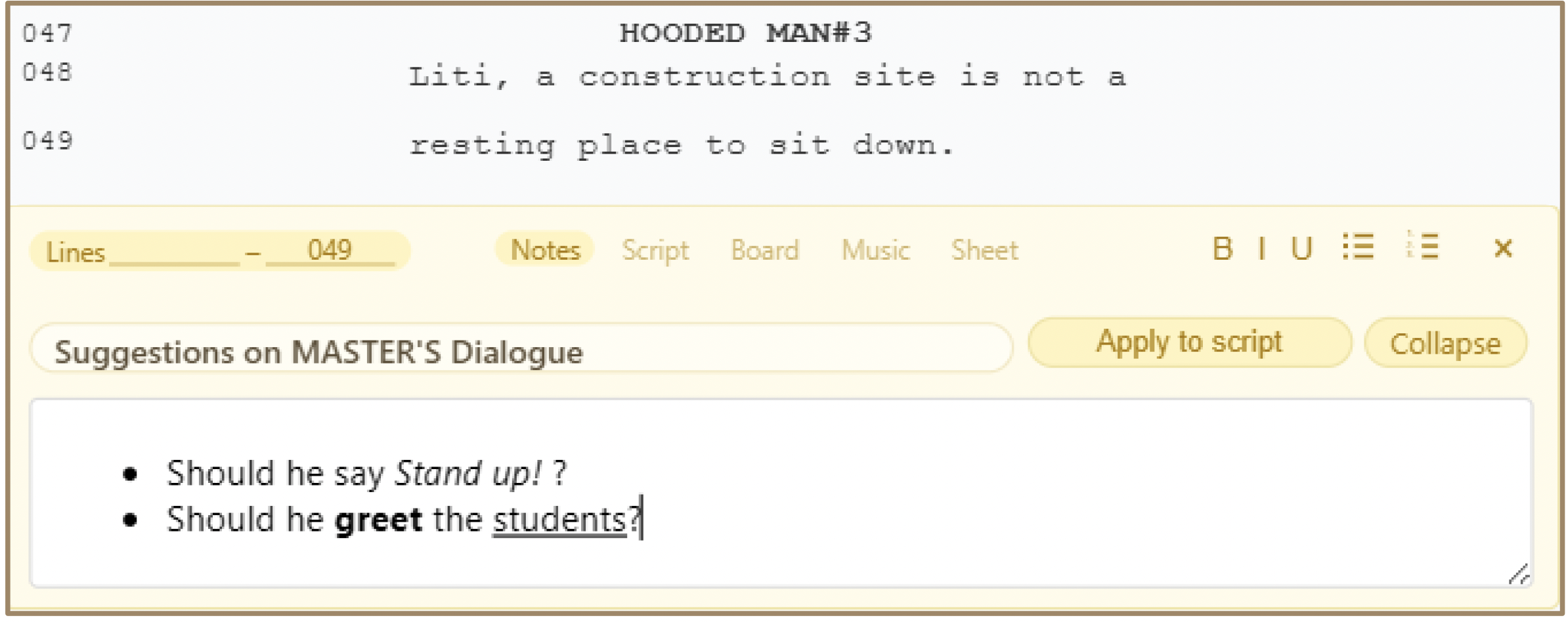 Notes injection text field with Lines Range header and formatting toolbar